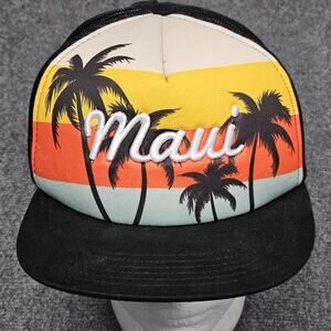 Maui Trucker Hat Cap Black White Hawaii Travel Tropical Beach Island Palm Trees